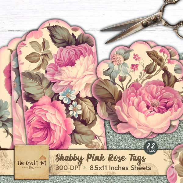 Shabby Roses Scalloped Tags, Rose Tags, Pink Rose Tags, Digital Download, Printable Ephemera, Gift Tags, Junk Journal Supplies and Inserts