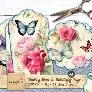 Tag smerlati shabby rose e farfalle, tag farfalla, download digitale, oggetti effimeri stampabili, tag regalo, forniture e inserti per diario spazzatura