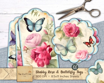 Shabby Rose and Butterfly Scalloped Tags, Butterfly Tags, Digital Download, Printable Ephemera, Gift Tags, Junk Journal Supplies and Inserts