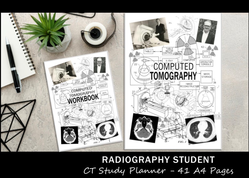 May include: A black and white illustration of a CT scanner with a diagram of the components and a title that reads "Computed Tomography Workbook". The image also includes several black and white CT scans of a brain and lungs.