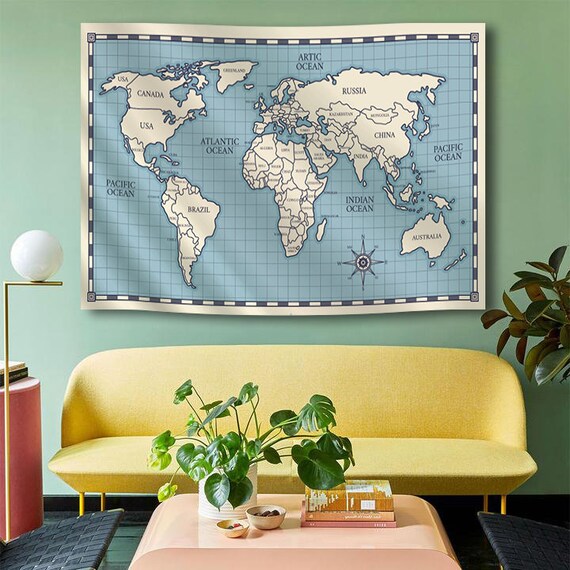 World Map Tapestry Country Names World Map Wall Tapestry Kid Etsy