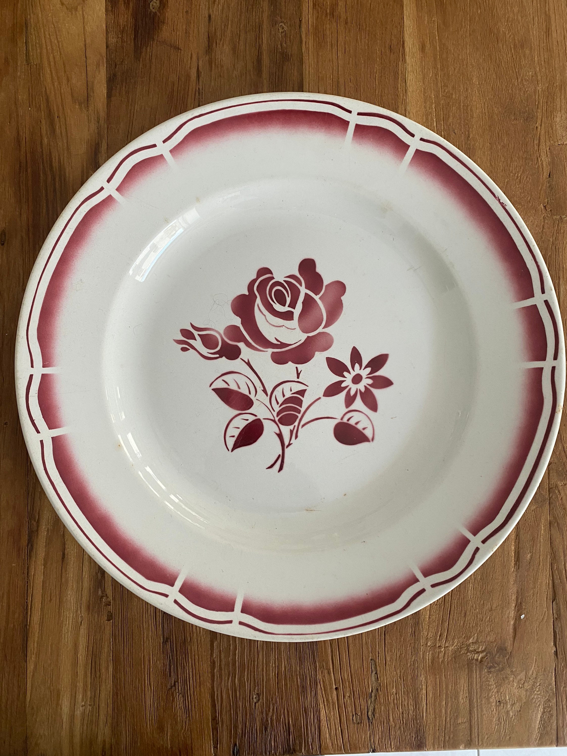 Plat Rond Faïence Badonviller Vintage Fleurs Rouges