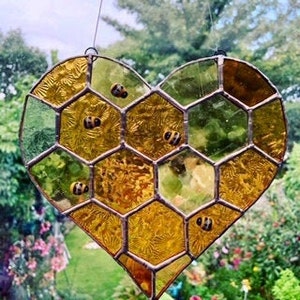 Stained Glass | Honey Comb | Honey Bee | Heart Shaped Sun Catcher |Birthday Gift | Special Gift | Wall Hanging.