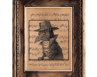 Plakat ścienny w stylu steampunk z kotem „Dume Doctor” – gotycki plakat w stylu vintage, rustykalny, mroczny wystrój, prezent dla miłośników kotów