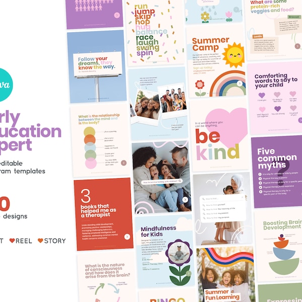 Informative Canva Instagram templates for Early Education (educator, therapist, teacher, child development, kid, preschool, social media)