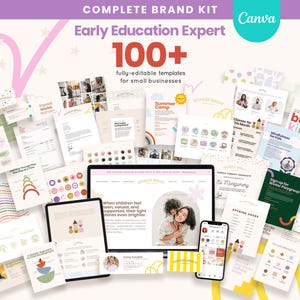 Peut inclure: Une collection de modèles entièrement modifiables et colorés pour les petites entreprises, présentant une variété de designs axés sur l'éducation de la petite enfance. Les modèles comprennent des logos, des graphismes pour les médias sociaux, des designs de sites Web et plus encore. Le texte "Early Education Expert" et "100+ modèles entièrement modifiables pour les petites entreprises" est visible sur l'image.