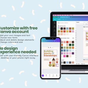 May include: A laptop and a smartphone screen display a Canva design template with the text "Building blocks of friendships". The design features a house with geometric shapes in shades of orange, yellow, green, and pink. The text "Childhood friendships are important for social and emotional development" is also included.