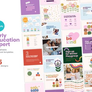 Op de afbeelding: Een collage van kleurrijke Facebook-posttemplates voor experts in vroege educatie. De templates bevatten illustraties van kinderen, bloemen en geometrische vormen. De tekst op de templates bevat zinnen als "Mindfulness voor kinderen", "Bouwstenen van vriendschap" en "Vijf veelvoorkomende mythen".