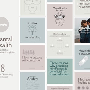 Paquete de plantillas de Instagram de Canva sobre salud mental para terapeutas, consejeros, trabajadores sociales, psicólogos, maestros y empresas (texto, informativo)
