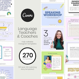 Puede incluir: Una colección de plantillas de Instagram coloridas para profesores de idiomas y entrenadores. Las plantillas presentan citas motivacionales, consejos para aprender idiomas y gráficos educativos. El texto "270 plantillas" se muestra en un círculo con un fondo amarillo.