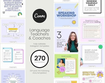 May include: A collection of colorful Instagram templates for language teachers and coaches. The templates feature motivational quotes, tips for learning languages, and educational graphics. The text "270 templates" is displayed in a circle with a yellow background.