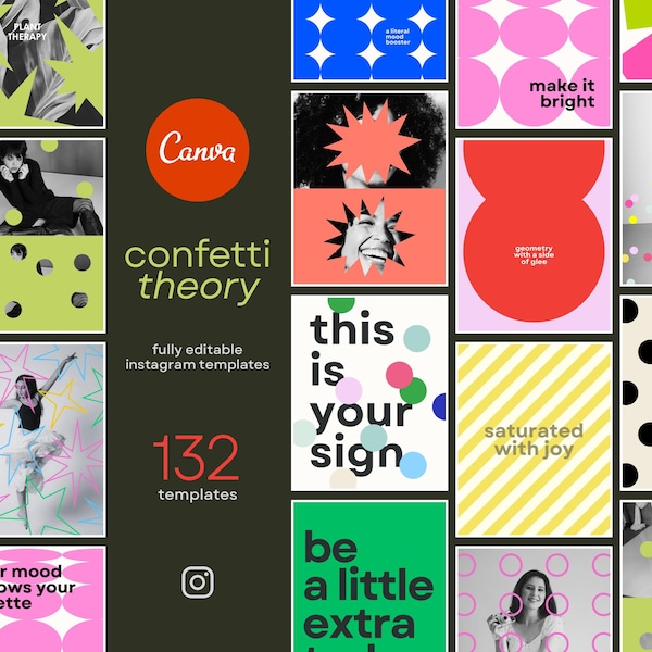 Può includere: Una collezione di modelli Instagram completamente modificabili con vari design colorati. I modelli includono testo come "confetti theory", "make it bright" e "this is your sign". È visibile anche il logo Canva.