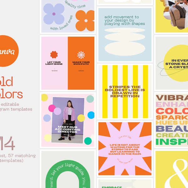 Può includere: Una collezione di 114 modelli per Instagram con colori vivaci e testo. I modelli includono frasi come "Lascia che la tua luce brilli", "Crea il tuo percorso", "Le strisce, la linea più audace è disegnata nella ripetizione" e "In ogni pietra dorme un cristallo".