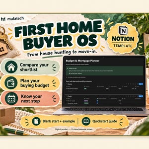 May include: A digital Notion template titled First Home Buyer OS, featuring a laptop displaying a Budget and Mortgage Planner. The graphic includes text elements like Compare your shortlist, Plan your buying budget, and Know your next step, alongside a house-shaped keychain and a quickstart guide icon.