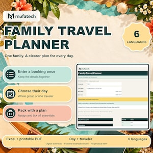Familie reisplanner voor Excel, reisschema en inpaklijst, printbare PDF, 6 talen