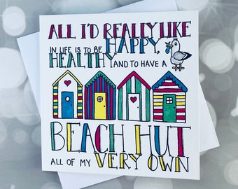 Beach hut card, coastal greetings card, bright coloured, beach hut lovers, hand drawn, seaside theme,happy, friendship, beach hut obsession