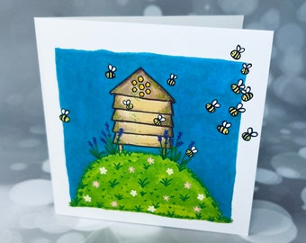 Fuzzy buzzies bee card, blank inside, beehive, send a smile, bright cheerful, mixed media, card with bees on, Jennifer Wesley