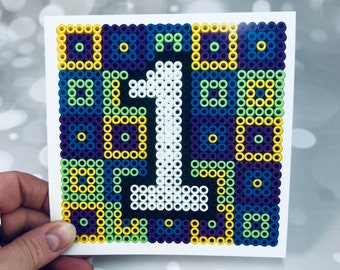 Age 1 card, Hama beads picture card, geometric, blues, picture from scan, jennifer Wesley, One, Age cards, Age birthday cards, colourful