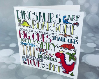 Dinosaurs are Roarsome card, dino greetings card, send a smile, bright coloured, hand drawn, dinosaur illustration