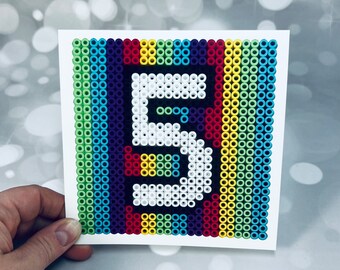 Age 5 card, Hama beads picture card, geometric, rainbow, picture from scan, jennifer Wesley, Five, Age cards, Age birthday cards, colourful