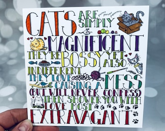 Cats are Magnificent card, cats greetings card, send a smile, bright coloured, hand drawn, feline illustration, jennifer wesley, meow
