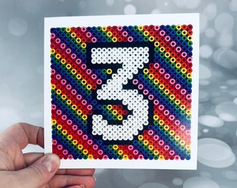 Age 3 card, Hama beads picture card, geometric, rainbow, picture from scan, jennifer Wesley, Three, Age cards, Age birthday cards, colourful