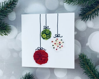 Baubles card, fun Christmas card, family Christmas card, cute Xmas card, made from scanned button picture, Xmas,