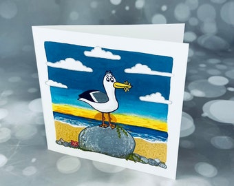 Steve the seagull card, blank inside, send a smile, bright cheerful, gimme yer chips, Jennifer Wesley, seaside lovers, seagull with chips