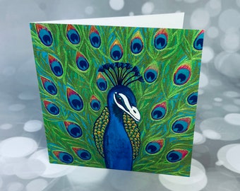 Peacock card, blank inside, card for all occasions, send a smile, bright cheerful, peacock painting, Jennifer Wesley, peacock lovers, green