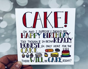 Cake! Birthday card, silly birthday card, hand drawn, witterings, Jennifer Wesley, rainbow writing, professionally printed, cake doodles