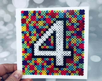 Age 4 card, Hama beads picture card, geometric, rainbow, picture from scan, jennifer Wesley, Four, Age cards, Age birthday cards, colourful