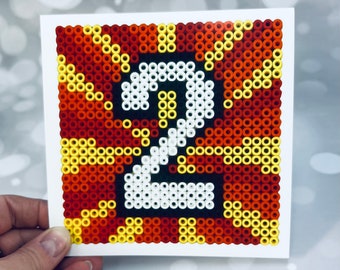 Age 2 card, Hama beads picture card, geometric, Reds, picture from scan, jennifer Wesley, Two, Age cards, Age birthday cards, colourful