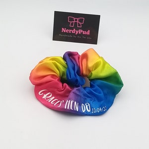 Hen Do Scrunchies, Wedding Scrunchie, Hen Do Accessory, Hen Party Favour, Hen Party Hair Accessories, Rainbow Scrunchie, Personalised Gift