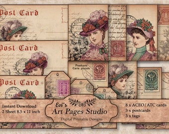 VICTORIAN LADIES PRINTABLE Atc Cards, Postcards and Tags// Printable Collage Sheet Pack//Instant Download//Vintage Digital Collage Sheet//