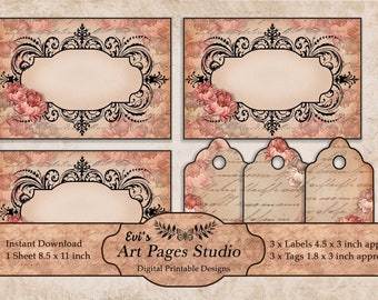 SHABBY CHIC Roses PRINTABLE Labels and Tags//Vintage Digital Collage//Digital Download//Instant Printable Download//Romantic Labels and Tags