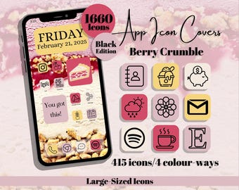Berry Crumble App Icons: Black Edition - Cream Pink Yellow Purple Theme, Large Icon Size (Digital Download)