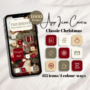 May include: A smartphone screen displays app icon covers with a Christmas theme. The screen shows a Christmas tree background and app icons in red, beige, and gray. Text includes "App Icon Covers", "Classic Christmas", and "You got this!"