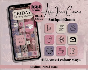 Antique Bloom App Icons: Black Edition - Pink Purple Theme - Medium Icon Size (Digital Download)