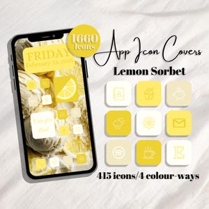 Puede incluir: Un smartphone muestra un conjunto de cubiertas de iconos de aplicaciones amarillas y blancas. La pantalla muestra un fondo de pantalla y iconos de aplicaciones con temática de limón. El texto incluye "1660 Icons", "App Icon Covers" y "Lemon Sorbet". El conjunto incluye 415 iconos en 4 combinaciones de colores.