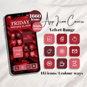 Puede incluir: Una pantalla de teléfono inteligente muestra un tema rojo con cubiertas de iconos de aplicaciones. La pantalla muestra la fecha "FRIDAY February 21, 2025" y el texto "You got this!". La imagen también muestra un conjunto de iconos de aplicaciones rojos y el texto "Velvet Rouge".