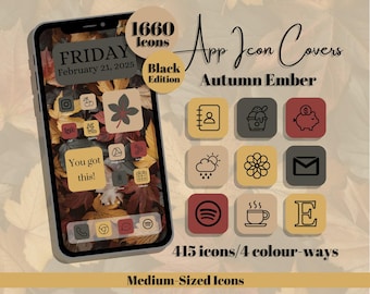 Autumn Ember App Icons: Black Edition - Red Yellow Grey Brown Theme - Medium Icon Size (Digital Download)