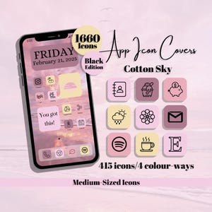 May include: A smartphone screen displays app icon covers in a Cotton Sky theme. The icons are in shades of pink, yellow, and purple. The image includes the text "1660 icons", "Black Edition", and "415 icons/4 colour-ways".