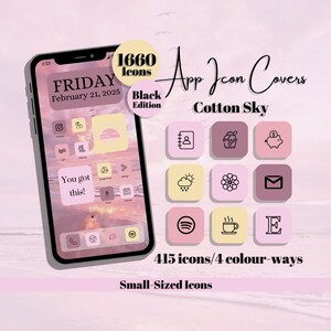 Cotton Sky App Icons: Black Edition - Pink Purple Yellow Theme, Small Icon Size (Digital Download)