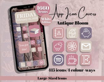 Antique Bloom App Icons: White Edition - Pink Purple Theme - Large Icon Size (Digital Download)