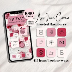 May include: A smartphone displays app icon covers in a frosted raspberry theme. The phone screen shows a pink and white background with app icons. The image includes the text "1660 icons", "App Icon Covers", "Frosted Raspberry", and "415 icons/4 colour-ways".