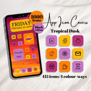 May include: A smartphone screen displays app icon covers with a tropical dusk theme. The screen shows a calendar, social media, and other app icons in purple, orange, and yellow. The text reads "1660 icons" and "415 icons/4 colour-ways".