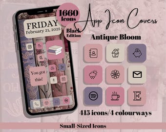 Antique Bloom App Icons: Black Edition - Pink Purple Theme - Small Icon Size (Digital Download)