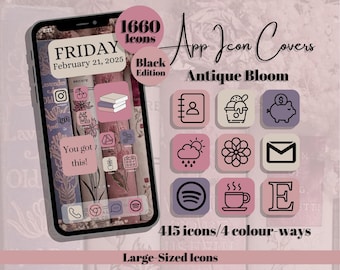 Antique Bloom App Icons: Black Edition - Pink Purple Theme - Large Icon Size (Digital Download)