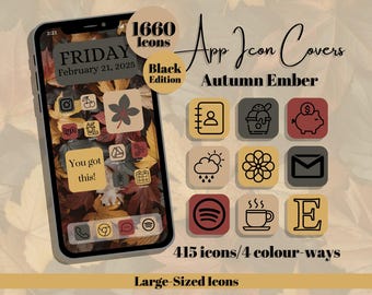 Autumn Ember App Icons: Black Edition - Red Yellow Grey Brown Theme - Large Icon Size (Digital Download)