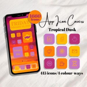 May include: A smartphone displays a custom home screen with app icon covers in a tropical dusk theme. The image includes the text "App Icon Covers", "Tropical Dusk", and "415 icons/4 colour-ways". The phone's screen shows a sunset-like background.
